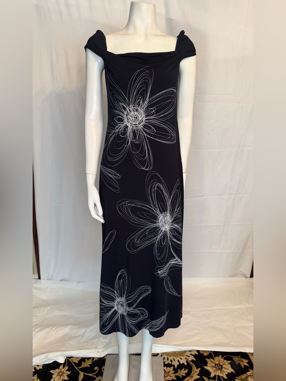 Moschino Black Maxi Dress with White Floral Sketch Print